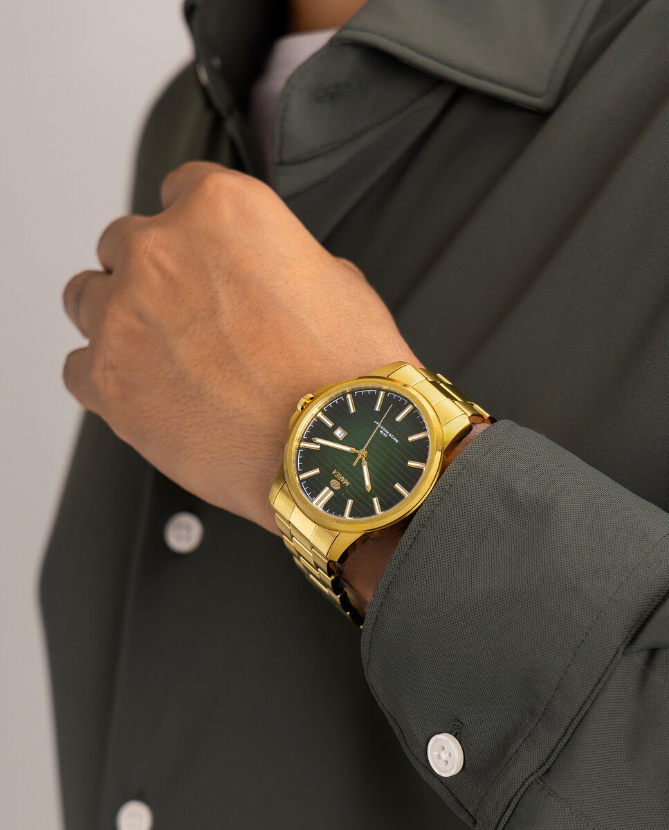 Reloj para hombre Marea, caja de acero inoxidable color dorada de 42 mm, brazalete de acero color dorado, esfera verde oscuro - detalle