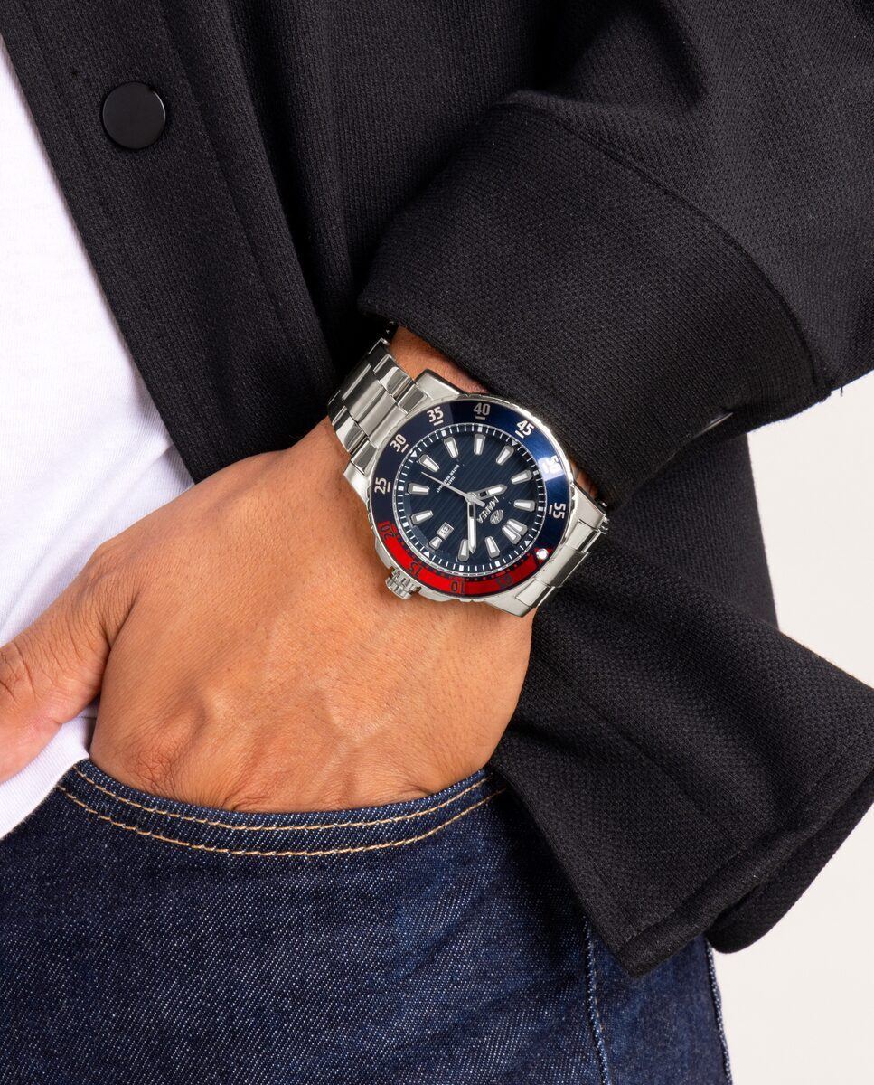 Reloj para hombre Marea, caja de acero inoxidable color plateada de 42 mm, brazalete de acero color plateado, esfera azul marino - detalle