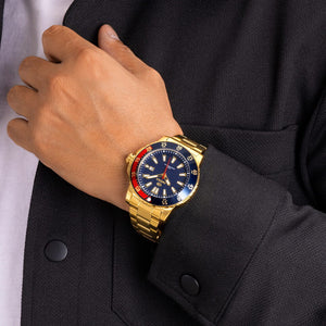 Reloj para hombre Marea, caja de acero inoxidable color dorada de 42 mm, brazalete de acero color dorado, esfera azul - detalle