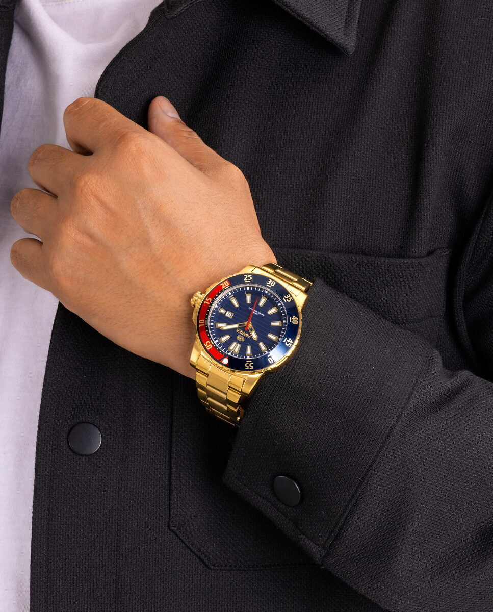 Reloj para hombre Marea, caja de acero inoxidable color dorada de 42 mm, brazalete de acero color dorado, esfera azul - detalle
