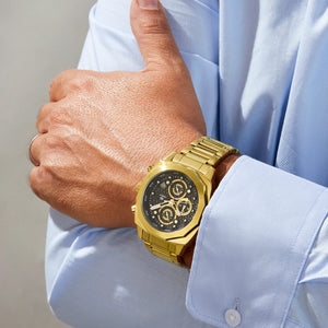 Reloj para hombre Marea, caja de acero inoxidable color dorada de 43 mm, brazalete de acero color dorado, esfera negra con detalles dorados - detalle