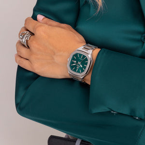 Reloj para mujer Marea, caja de metal color plateada de 34 mm, brazalete de acero color plateado, esfera verde con detalles plateados - detalle