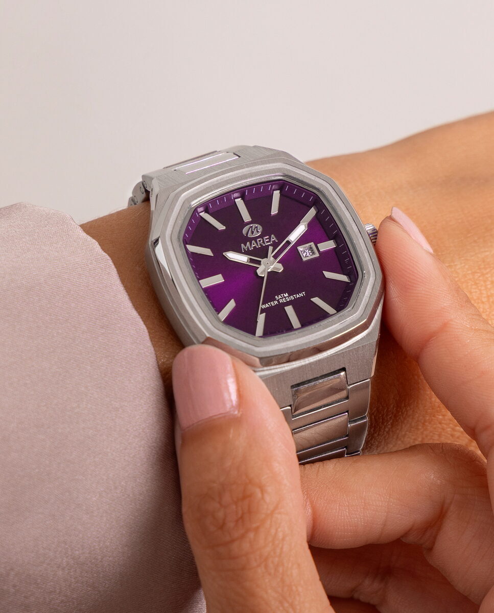 Reloj para mujer Marea, caja de metal color plateada de 34 mm, brazalete de acero color plateado, esfera burdeos con detalles plateados - detalle
