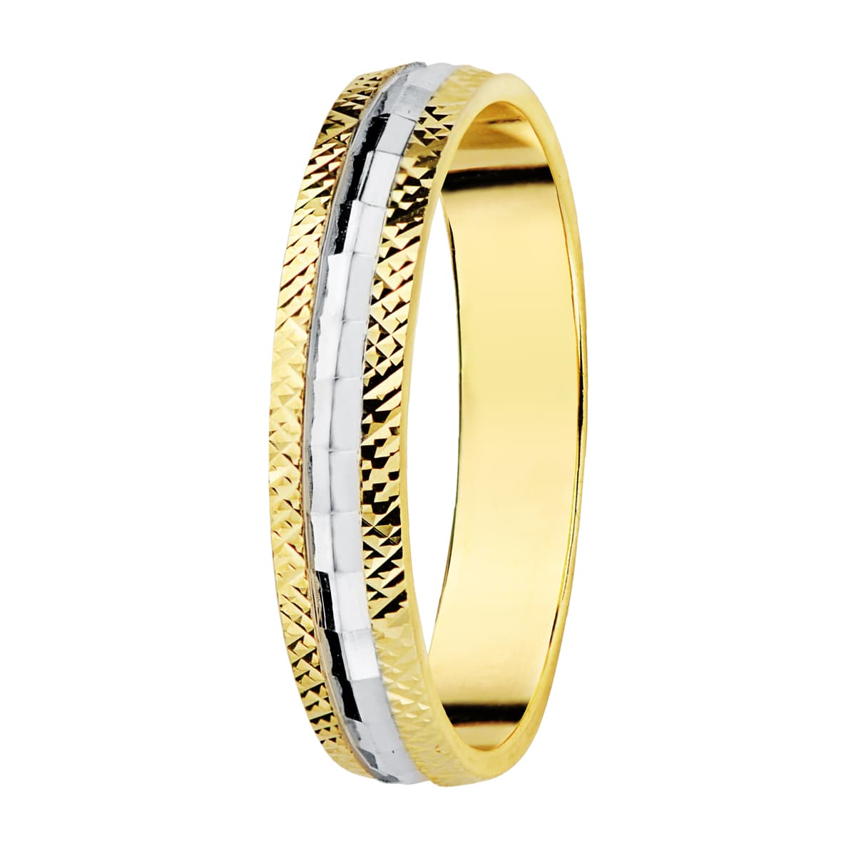 Alianza de oro 9 quilates con centro en oro blanco y bordes en oro amarillo