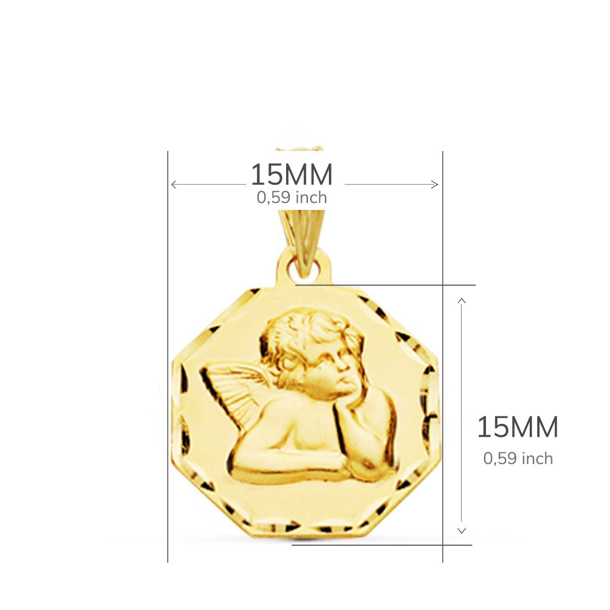 Detalle de medalla de oro de ley 9k del angelito burlón con forma octogonal de 15x15 mm