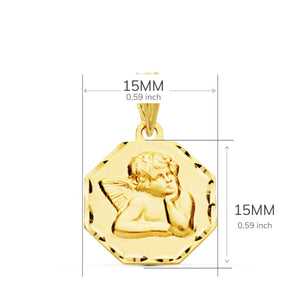 Detalle de medalla de oro de ley 9k del angelito burlón con forma octogonal de 15x15 mm