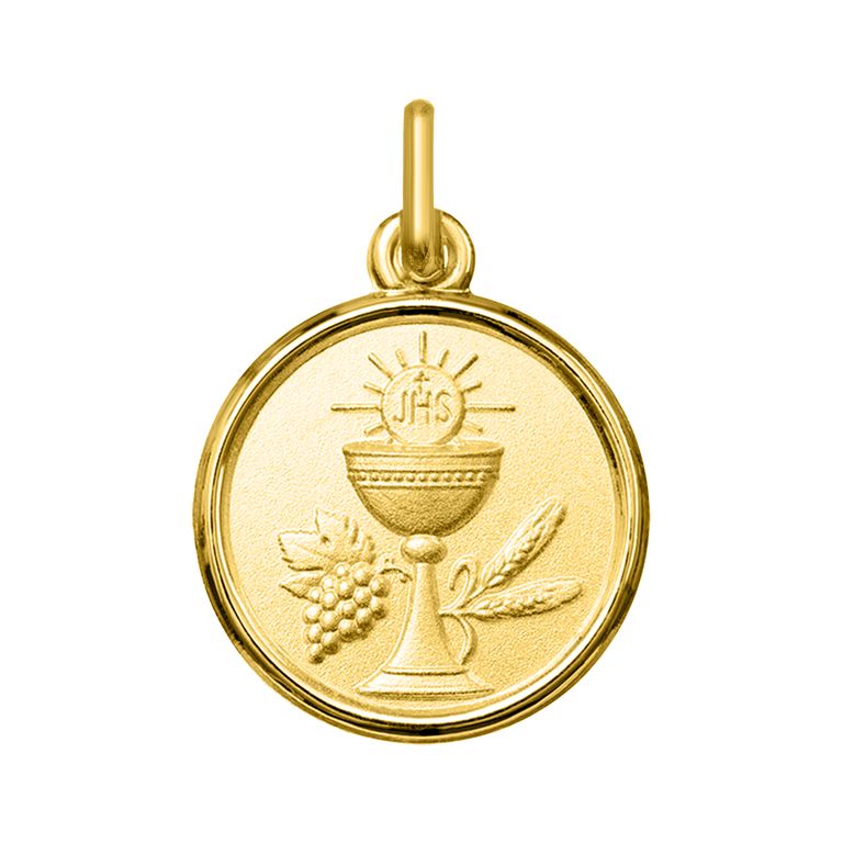 Medalla de comunión con cáliz en oro amarillo de 18 quilates, de 14 mm