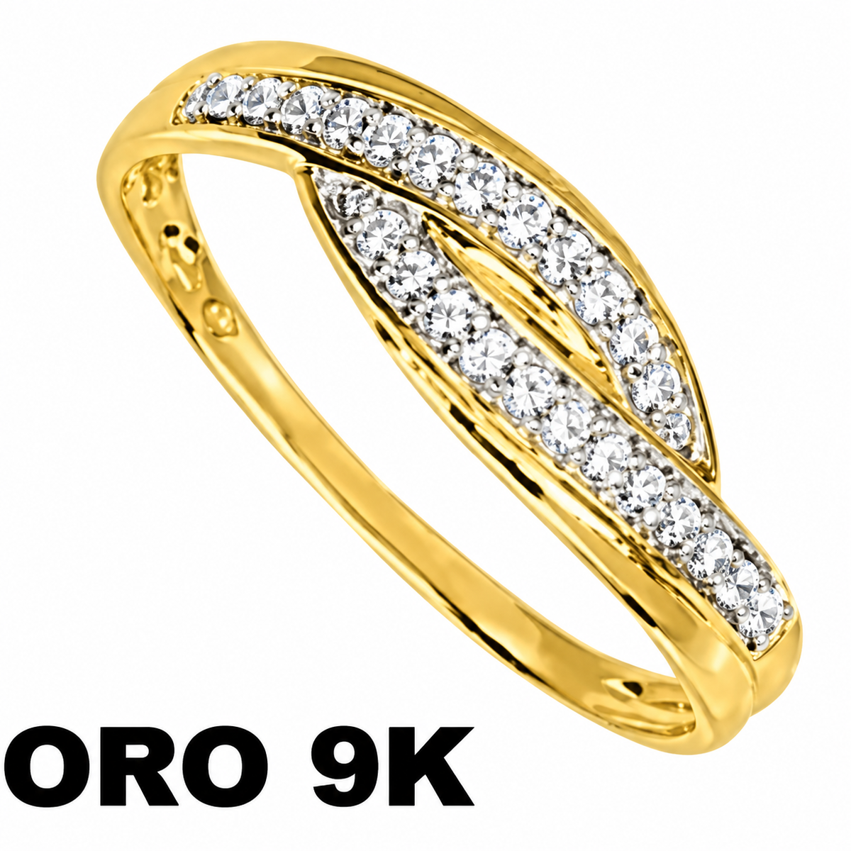Anillo fino en oro 9k con doble fila de circonitas y tallado lateral. Calidad superior al chapado.