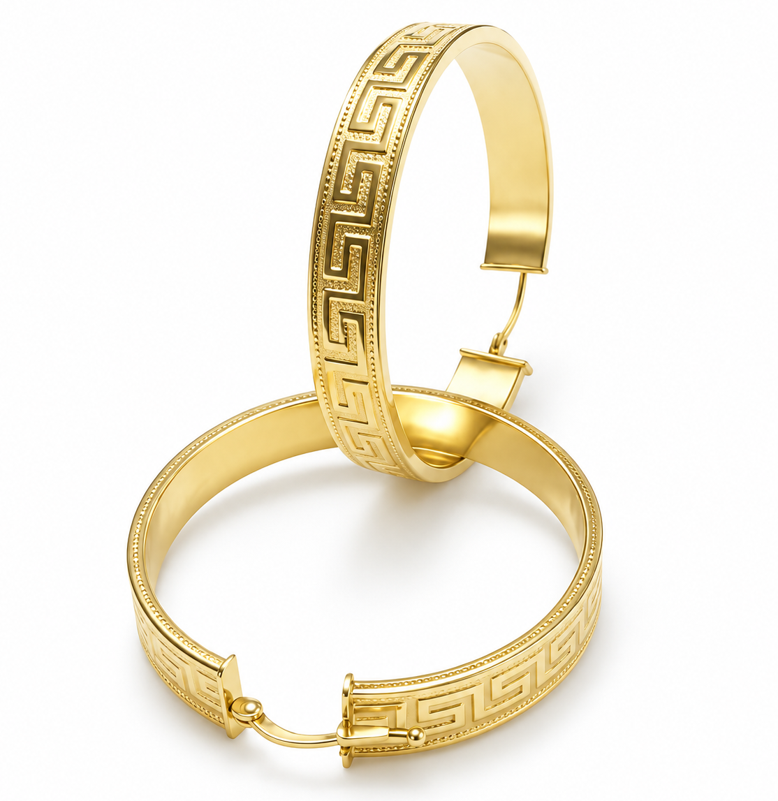 Pendientes de aro de oro 18k con greca, 6 mm de ancho y 30 mm de diámetro