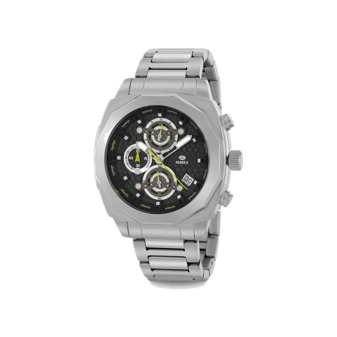 Reloj para hombre Marea, caja de acero inoxidable color plateada de 44 mm, brazalete de acero color plateado, esfera negra con segundero verde lima