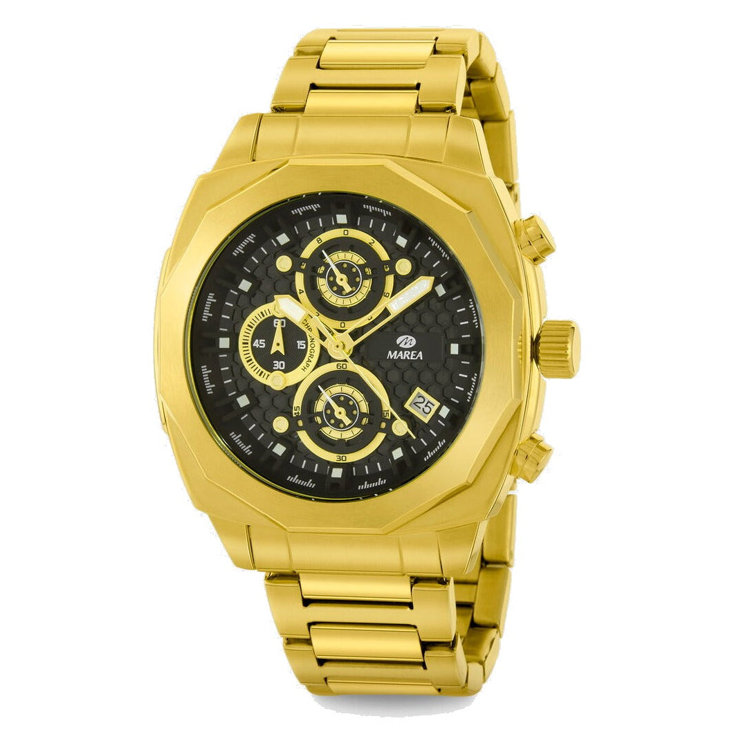 Reloj para hombre Marea, caja de acero inoxidable color dorada de 43 mm, brazalete de acero color dorado, esfera negra con detalles dorados