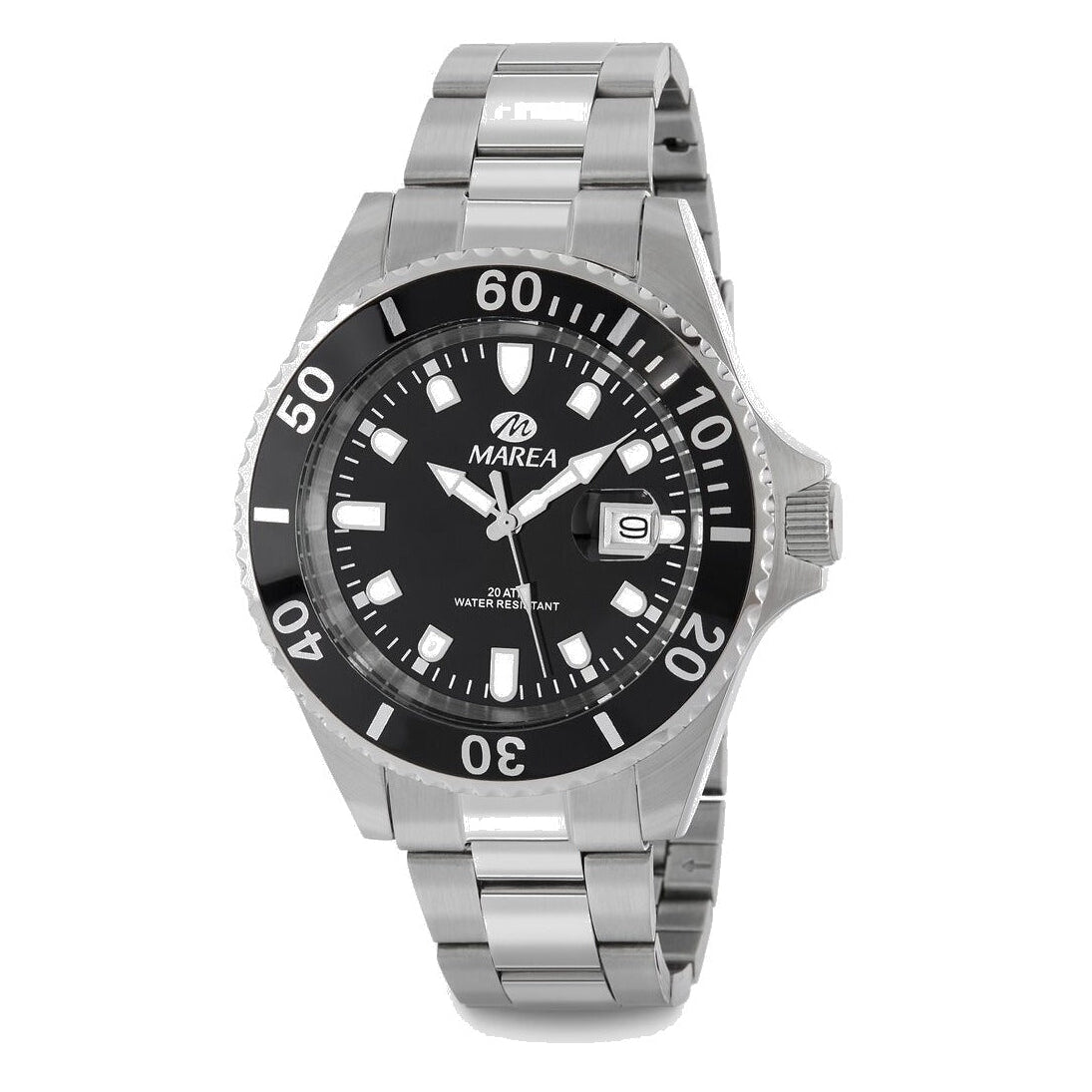 Reloj para hombre Marea, caja de acero inoxidable color plateada de 43 mm, brazalete de acero color plateado, esfera negra con bisel negro