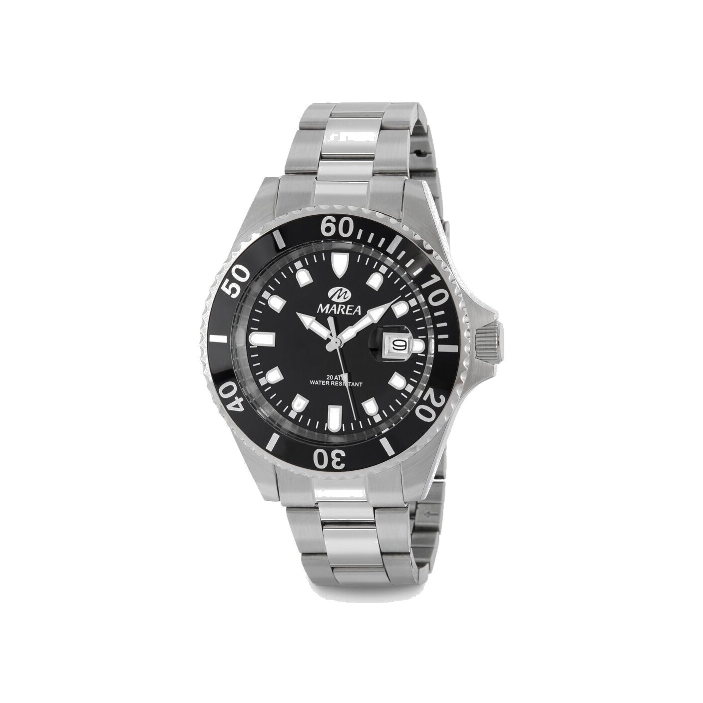 Reloj para hombre Marea, caja de acero inoxidable color plateada de 43 mm, brazalete de acero color plateado, esfera negra con bisel negro