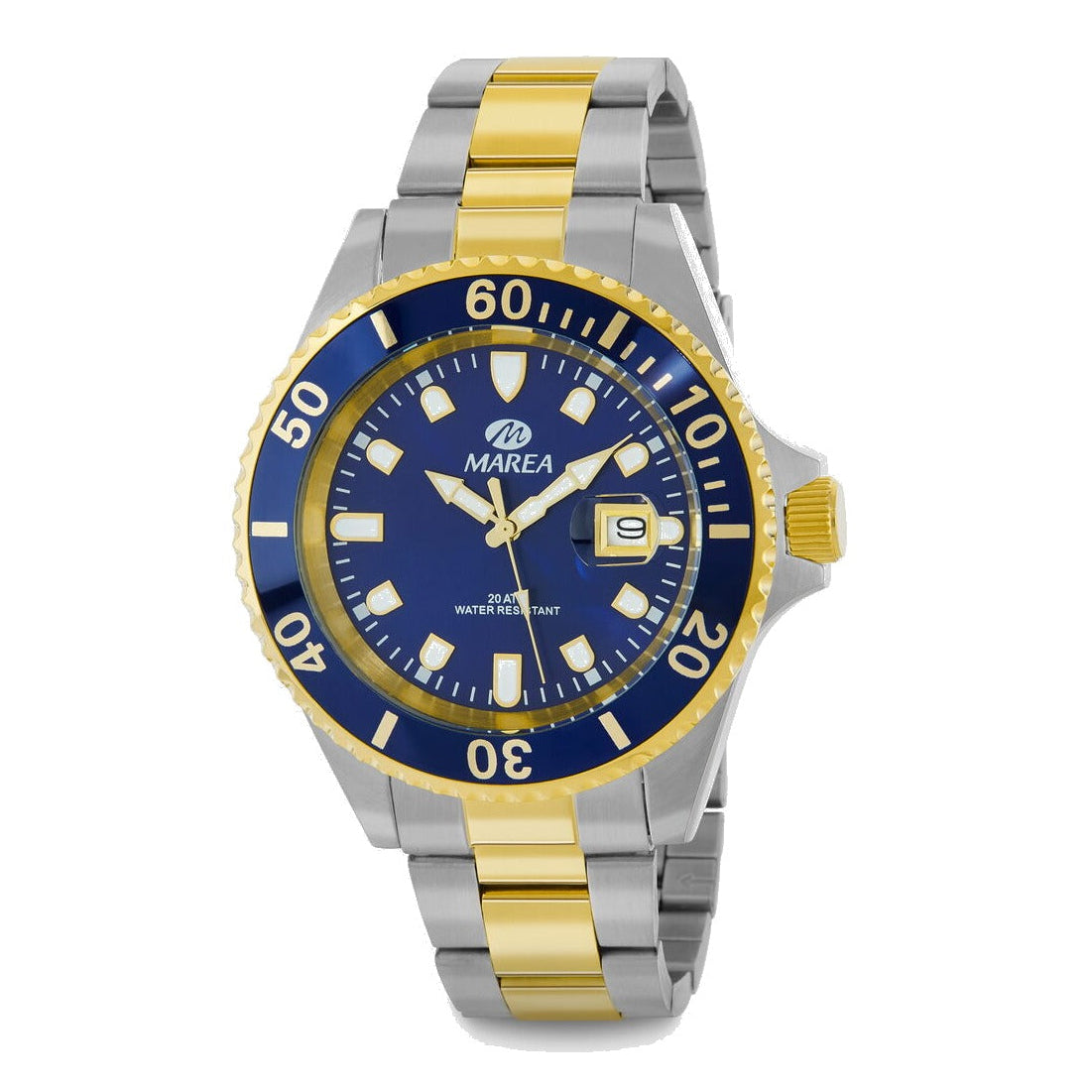 Reloj para hombre Marea, caja de acero inoxidable bicolor de 43 mm, brazalete de acero bicolor, esfera azul marino