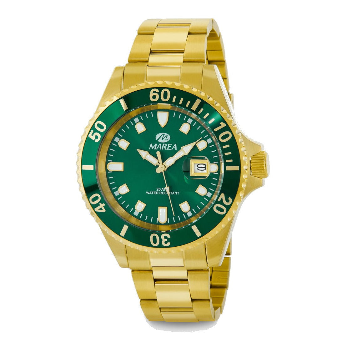 Reloj para hombre Marea, caja de acero inoxidable color dorada de 43 mm, brazalete de acero color dorado, esfera verde con bisel verde