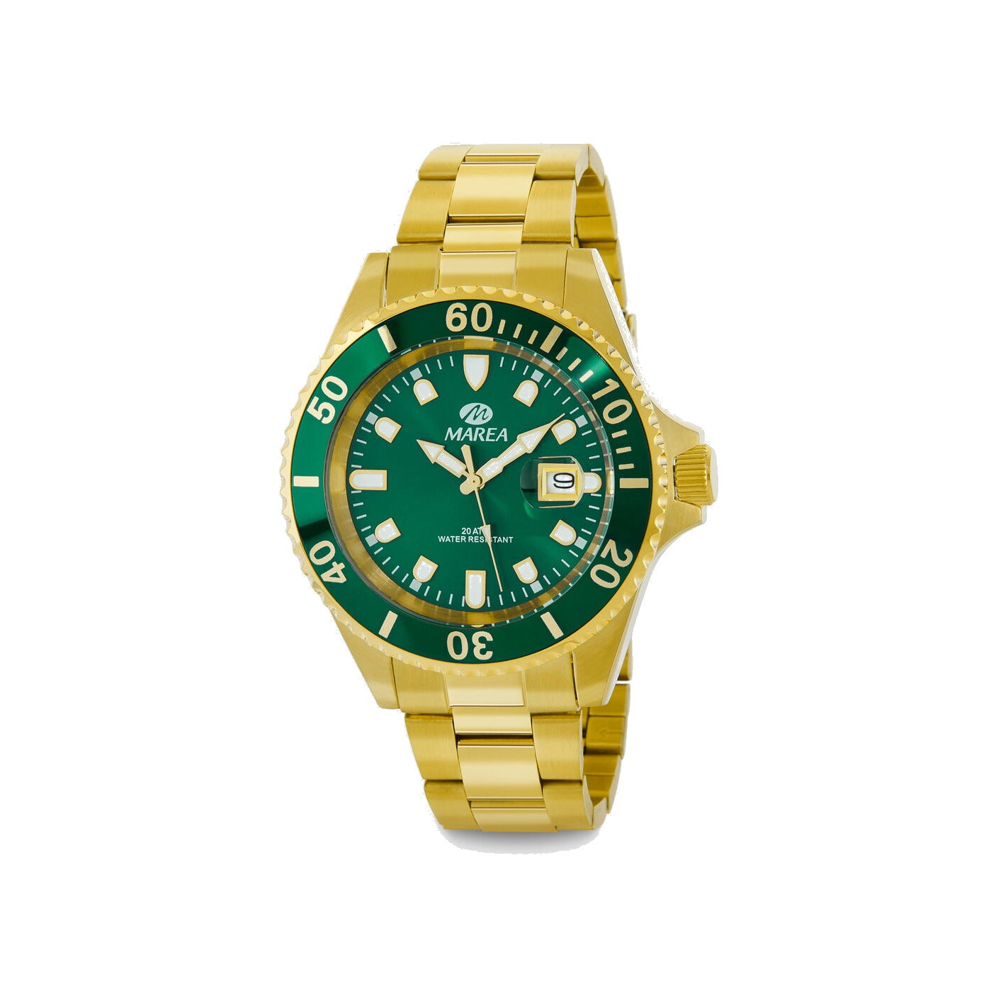 Reloj para hombre Marea, caja de acero inoxidable color dorada de 43 mm, brazalete de acero color dorado, esfera verde con bisel verde