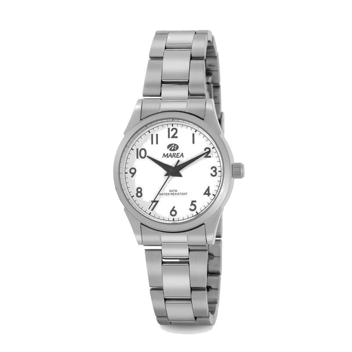 Reloj para mujer Marea, caja de acero inoxidable color plateada de 30 mm, brazalete de acero color plateado, esfera blanca