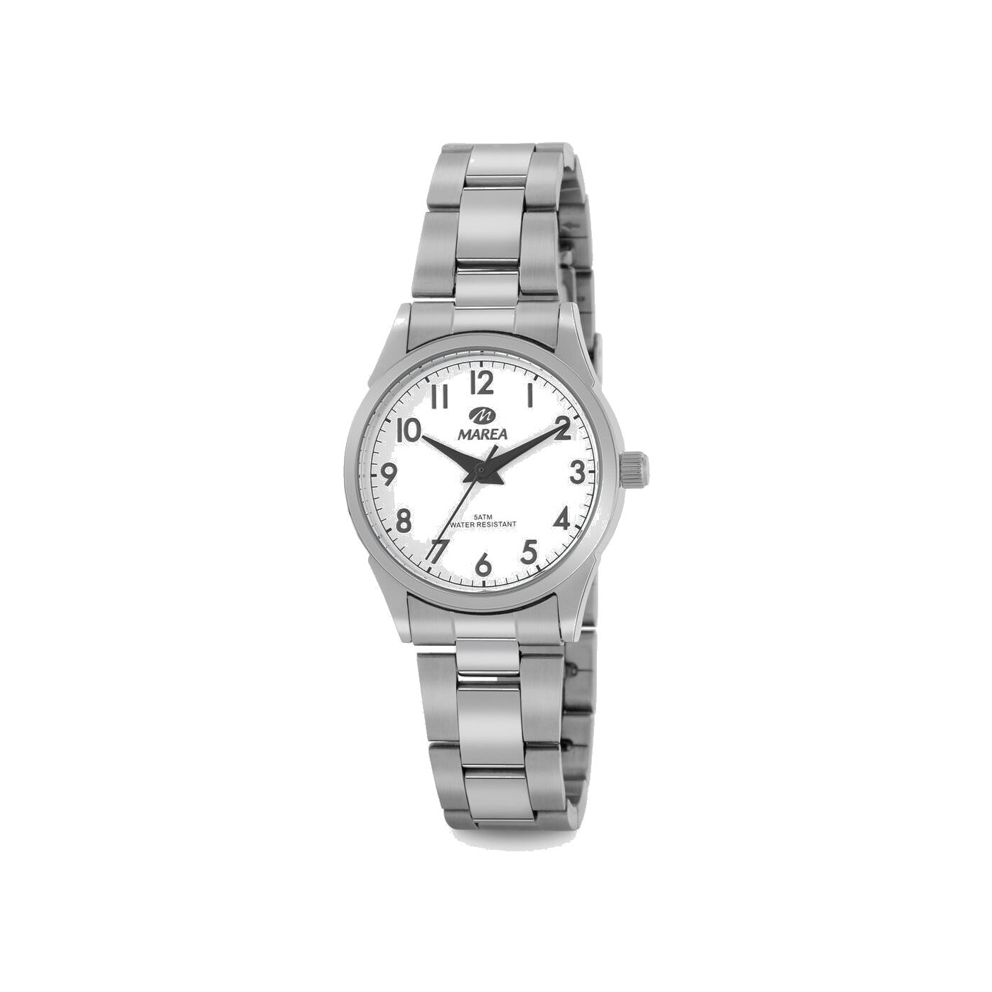 Reloj para mujer Marea, caja de acero inoxidable color plateada de 30 mm, brazalete de acero color plateado, esfera blanca