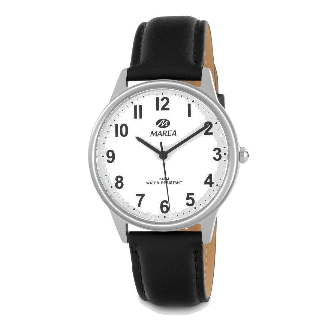 Reloj para hombre Marea, caja de acero inoxidable color plateada de 40 mm, correa de piel color negra, esfera blanca