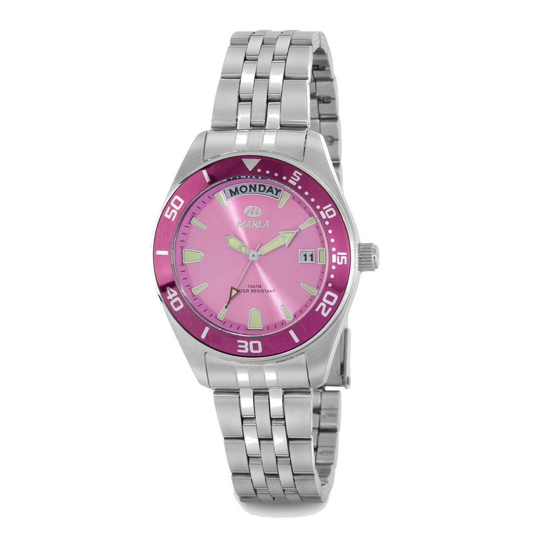 Reloj para mujer Marea, caja de acero inoxidable color plateada de 33 mm, brazalete de acero color plateado, esfera rosa claro
