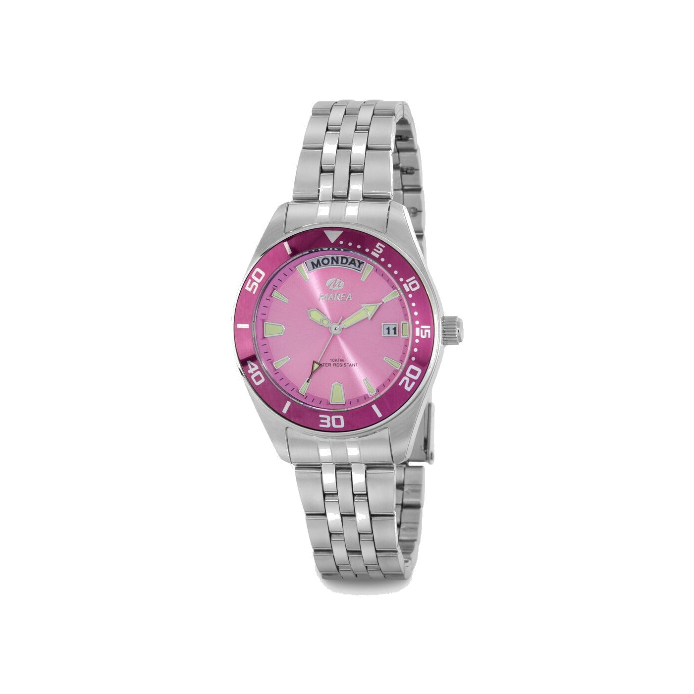 Reloj para mujer Marea, caja de acero inoxidable color plateada de 33 mm, brazalete de acero color plateado, esfera rosa claro