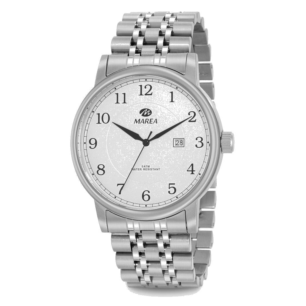 Reloj para hombre Marea, caja de acero inoxidable color plateada de 42 mm, brazalete de acero color plateado, esfera blanca