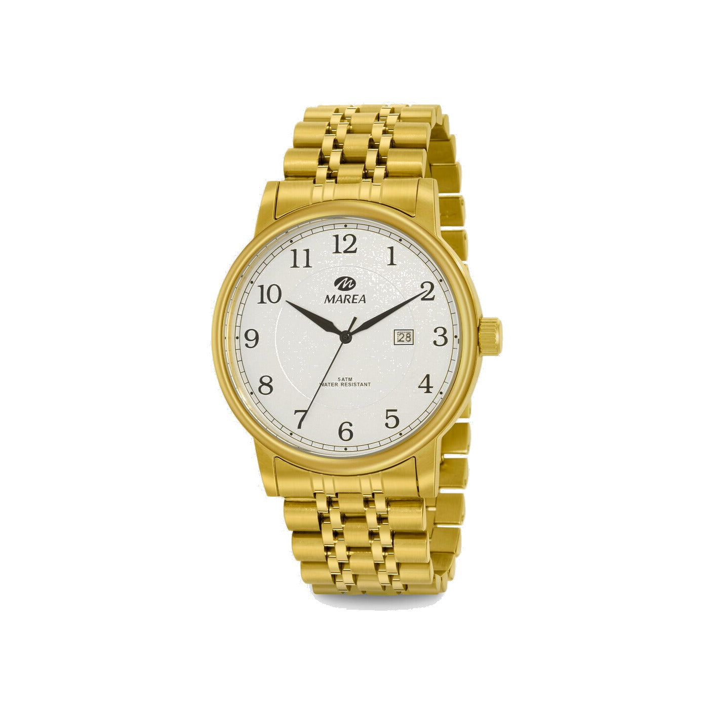 Reloj para hombre Marea, caja de acero inoxidable color dorada de 42 mm, brazalete de acero color dorado, esfera blanca