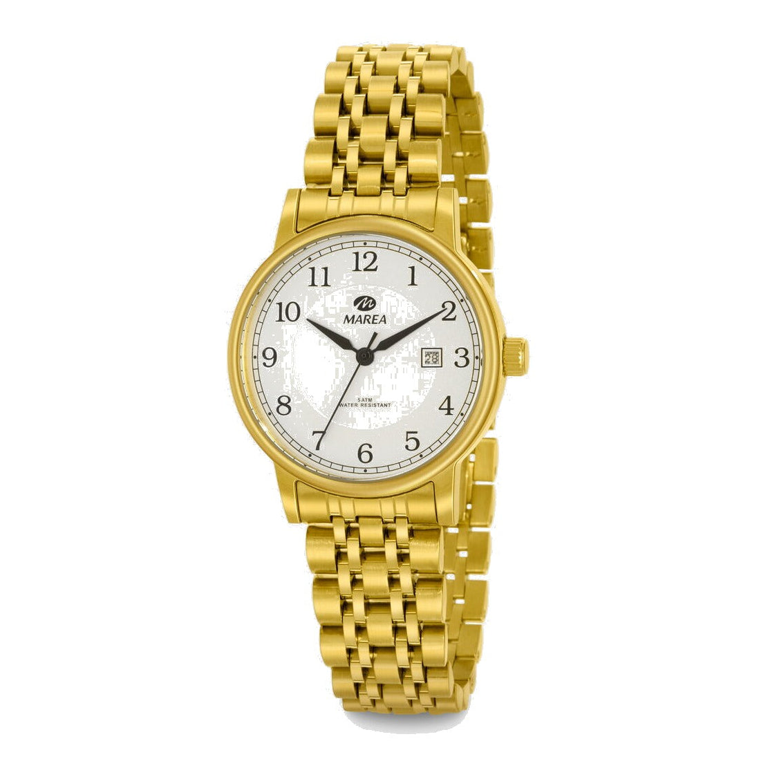 Reloj para mujer Marea, caja de acero inoxidable color dorada de 32 mm, brazalete de acero color dorado, esfera blanca