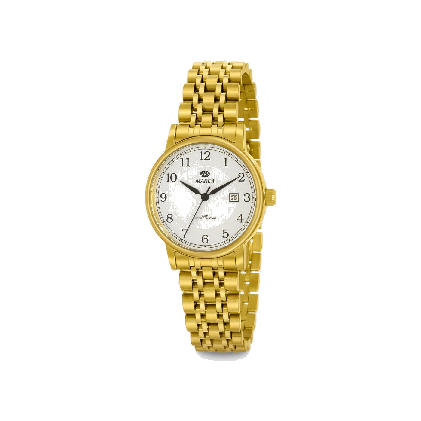Reloj para mujer Marea, caja de acero inoxidable color dorada de 32 mm, brazalete de acero color dorado, esfera blanca