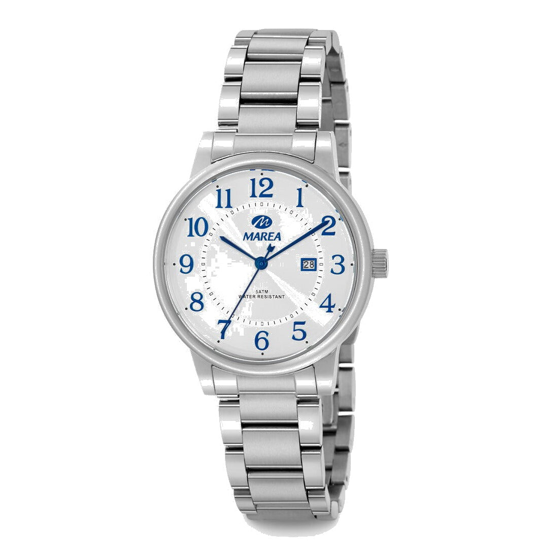 Reloj para mujer Marea, caja de acero inoxidable color plateada de 34 mm, brazalete de acero color plateado, esfera plateada con números en azul marino