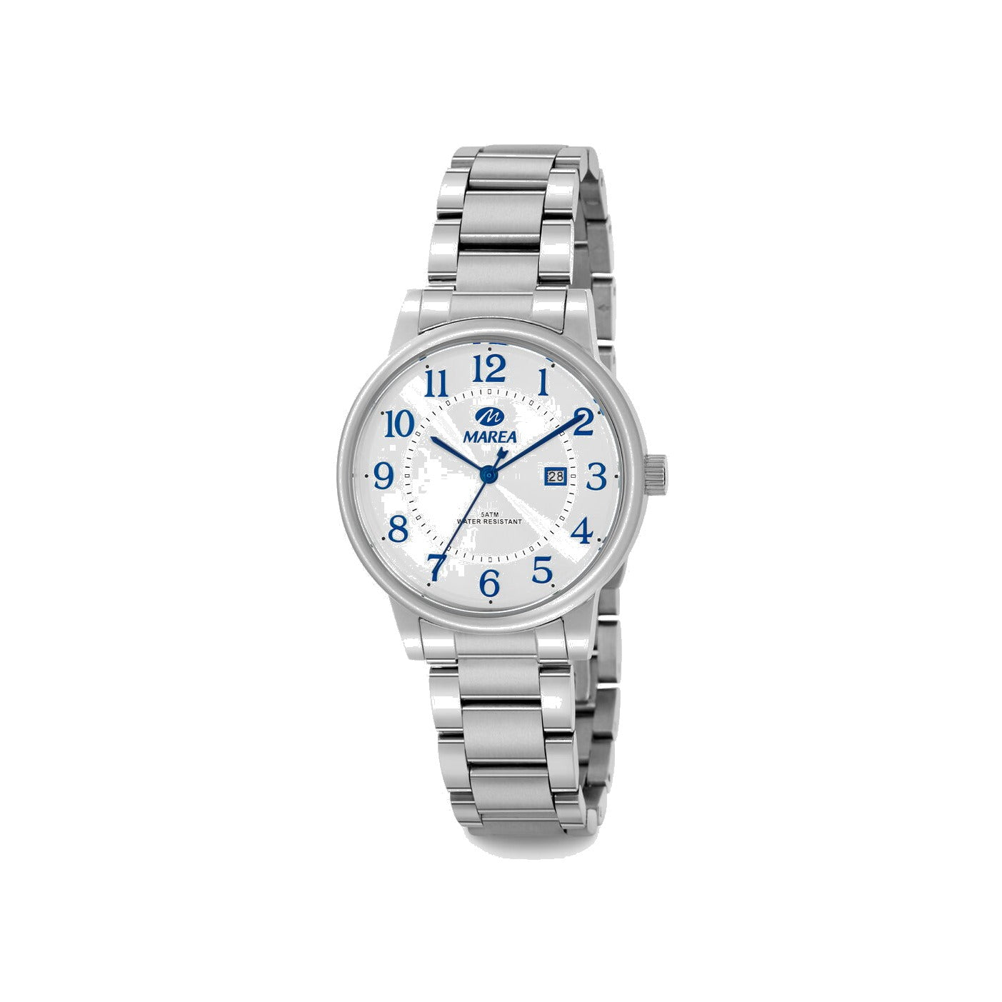 Reloj para mujer Marea, caja de acero inoxidable color plateada de 34 mm, brazalete de acero color plateado, esfera plateada con números en azul marino
