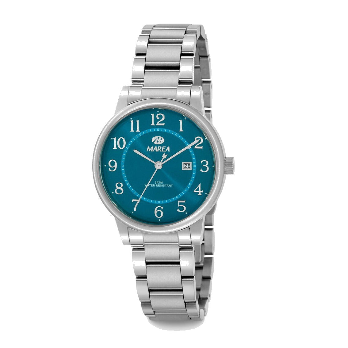 Reloj para mujer Marea, caja de acero inoxidable color plateada de 34 mm, brazalete de acero color plateado, esfera verde con números en acero