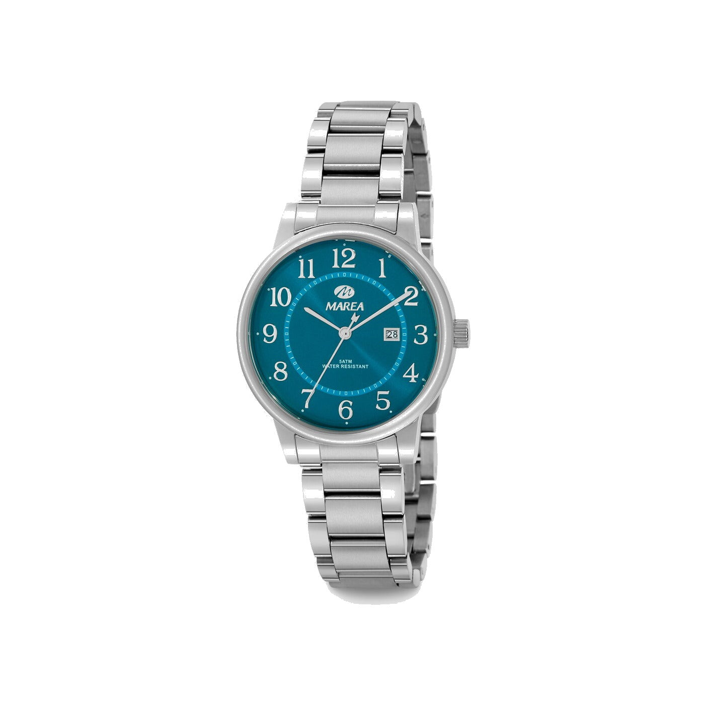 Reloj para mujer Marea, caja de acero inoxidable color plateada de 34 mm, brazalete de acero color plateado, esfera verde con números en acero