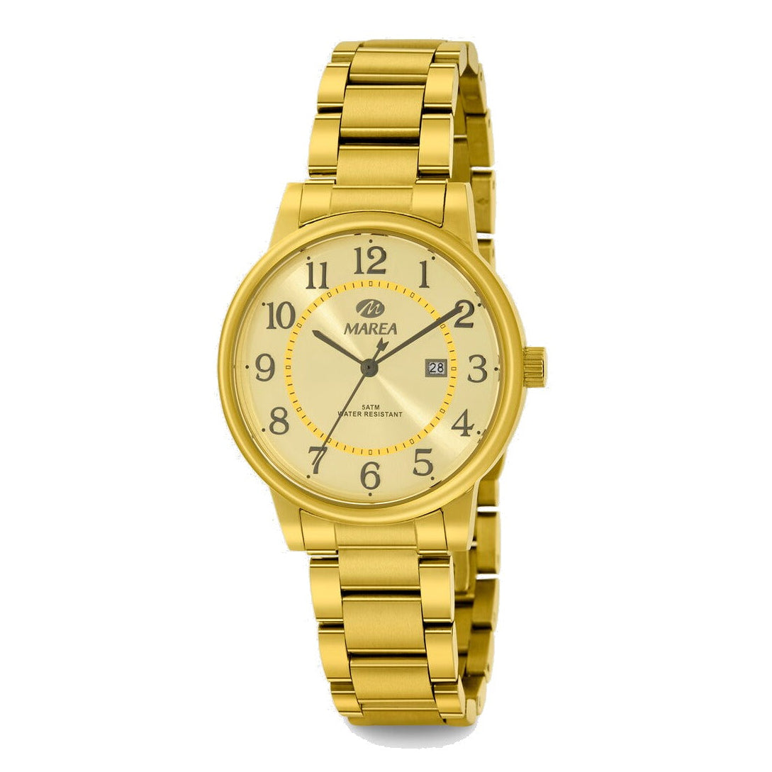 Reloj para mujer Marea, caja de acero inoxidable color dorada de 34 mm, brazalete de acero color dorado, esfera dorada con números en negro