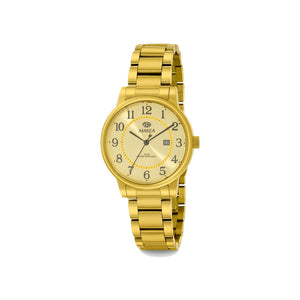 Reloj para mujer Marea, caja de acero inoxidable color dorada de 34 mm, brazalete de acero color dorado, esfera dorada con números en negro