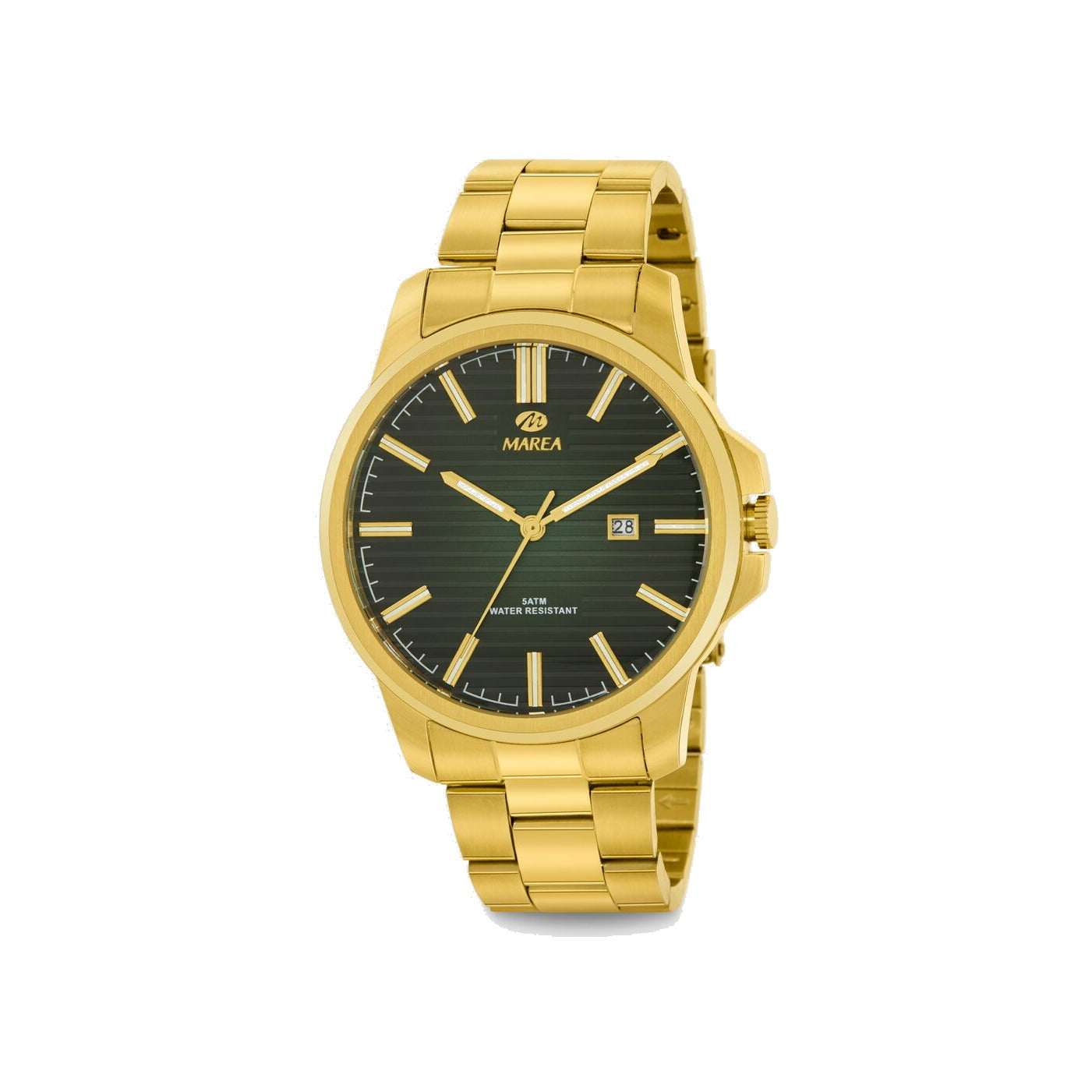Reloj para hombre Marea, caja de acero inoxidable color dorada de 42 mm, brazalete de acero color dorado, esfera verde oscuro