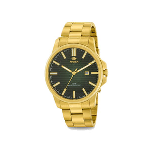 Reloj para hombre Marea, caja de acero inoxidable color dorada de 42 mm, brazalete de acero color dorado, esfera verde oscuro