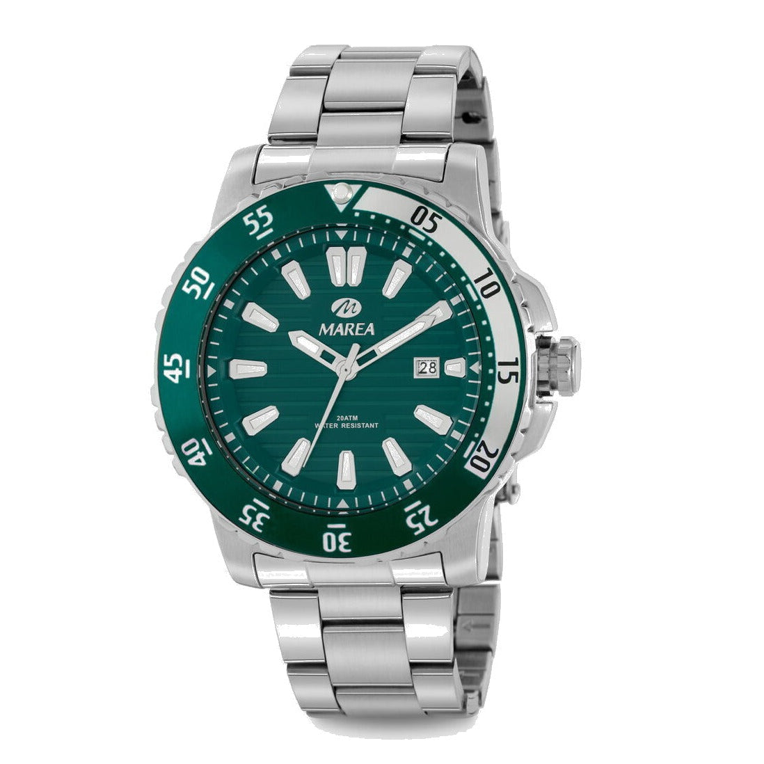Reloj para hombre Marea, caja de acero inoxidable color plateada de 42 mm, brazalete de acero color plateado, esfera verde