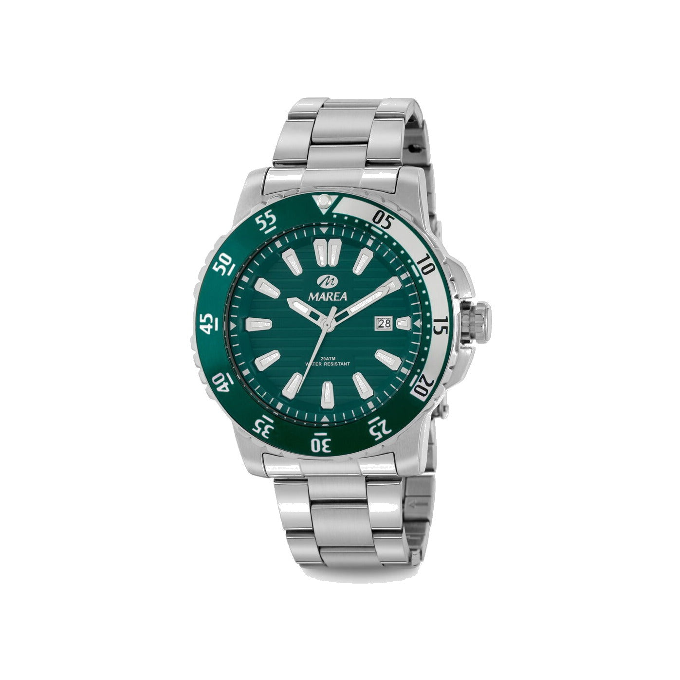 Reloj para hombre Marea, caja de acero inoxidable color plateada de 42 mm, brazalete de acero color plateado, esfera verde