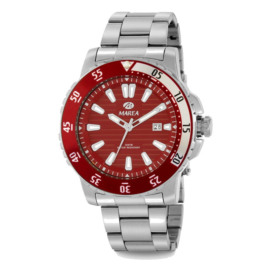 Reloj para hombre Marea, caja de acero inoxidable color plateada de 42 mm, brazalete de acero color plateado, esfera granate