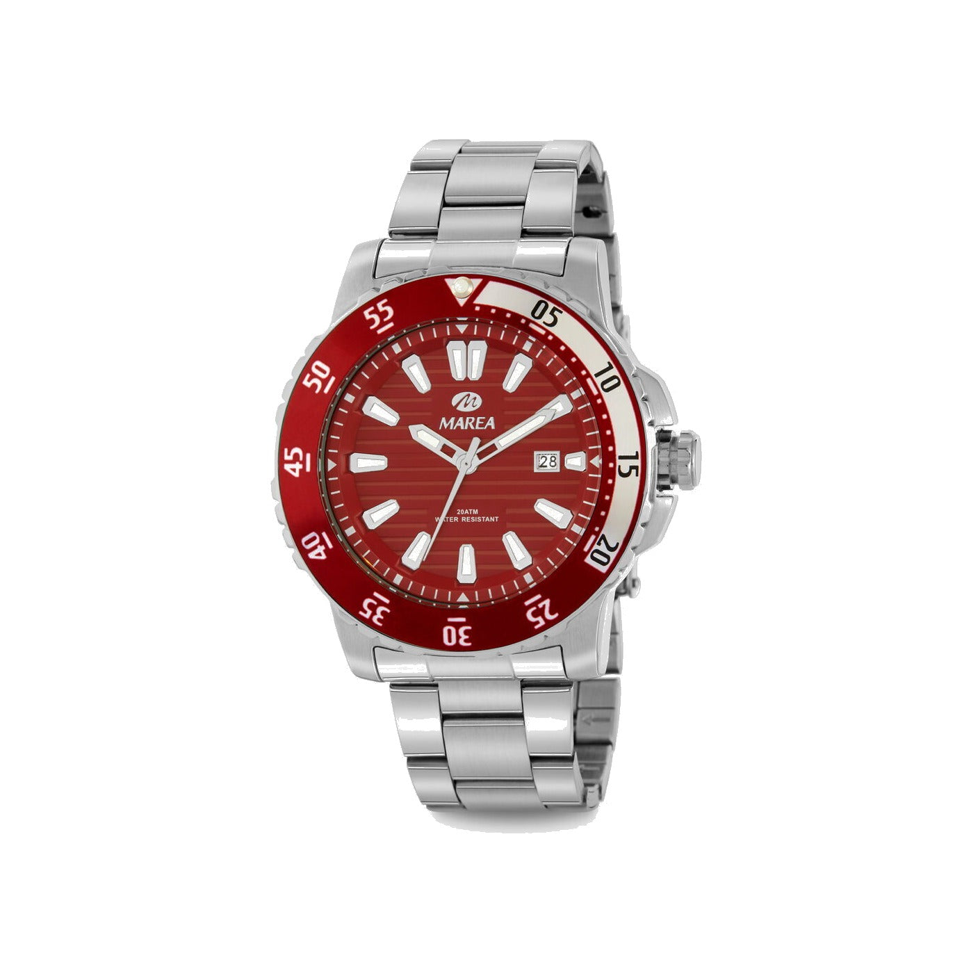 Reloj para hombre Marea, caja de acero inoxidable color plateada de 42 mm, brazalete de acero color plateado, esfera granate