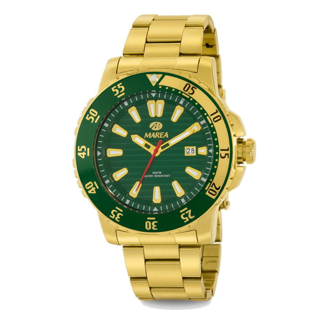 Reloj para hombre Marea, caja de acero inoxidable color dorada de 42 mm, brazalete de acero color dorado, esfera verde