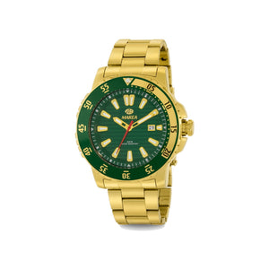 Reloj para hombre Marea, caja de acero inoxidable color dorada de 42 mm, brazalete de acero color dorado, esfera verde