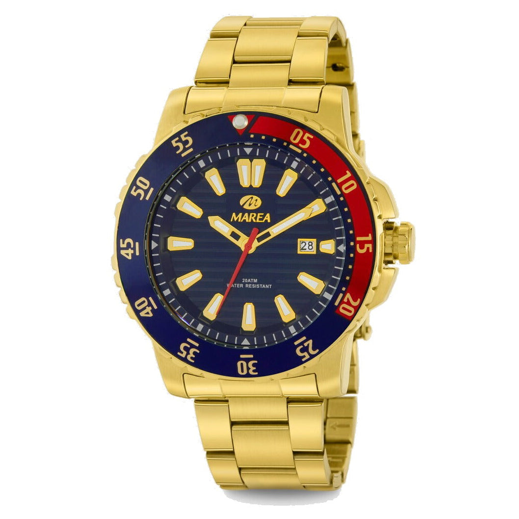 Reloj para hombre Marea, caja de acero inoxidable color dorada de 42 mm, brazalete de acero color dorado, esfera azul