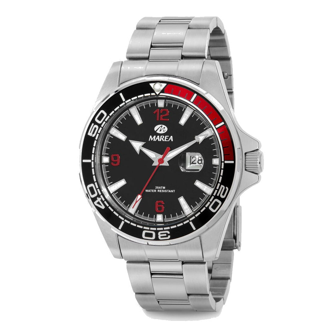 Reloj para hombre Marea, caja de acero inoxidable color plateada de 39 mm, brazalete de acero color plateado, esfera negra con detalles rojos