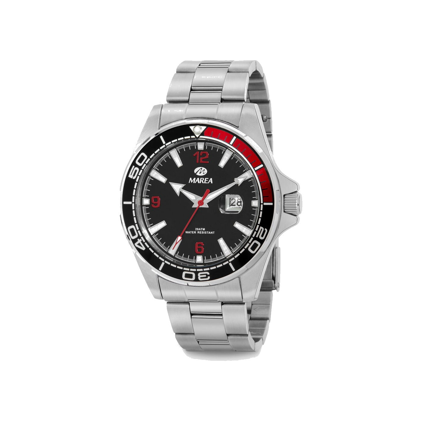 Reloj para hombre Marea, caja de acero inoxidable color plateada de 39 mm, brazalete de acero color plateado, esfera negra con detalles rojos