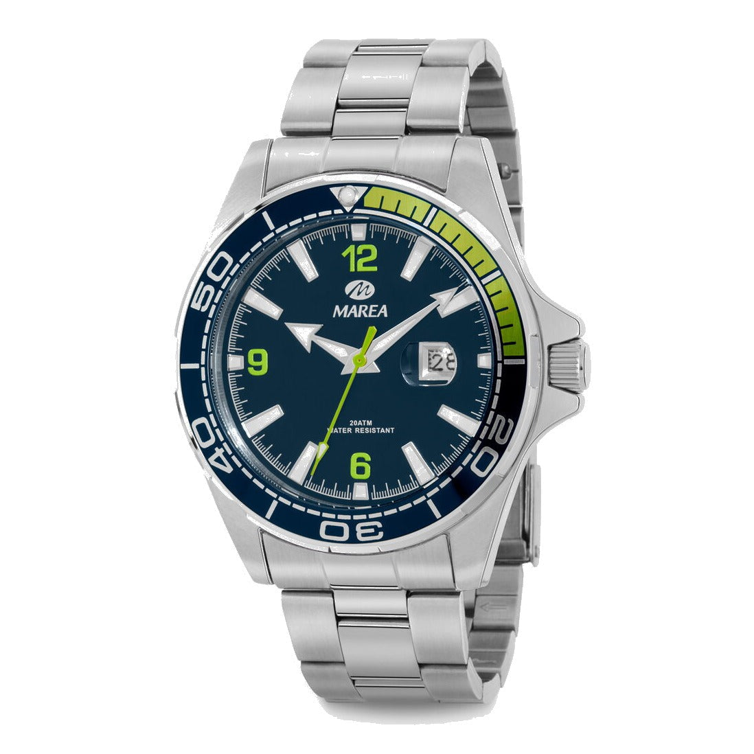 Reloj para hombre Marea, caja de acero inoxidable color plateada de 39 mm, brazalete de acero color plateado, esfera azul marino con detalles verde lima
