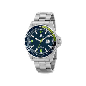 Reloj para hombre Marea, caja de acero inoxidable color plateada de 39 mm, brazalete de acero color plateado, esfera azul marino con detalles verde lima