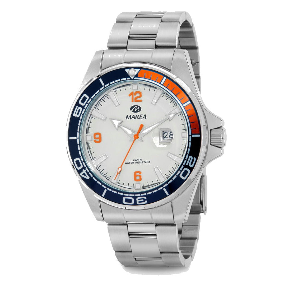 Reloj para hombre Marea, caja de acero inoxidable color plateada de 39 mm, brazalete de acero color plateado, esfera blanca con detalles naranjas