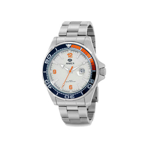 Reloj para hombre Marea, caja de acero inoxidable color plateada de 39 mm, brazalete de acero color plateado, esfera blanca con detalles naranjas